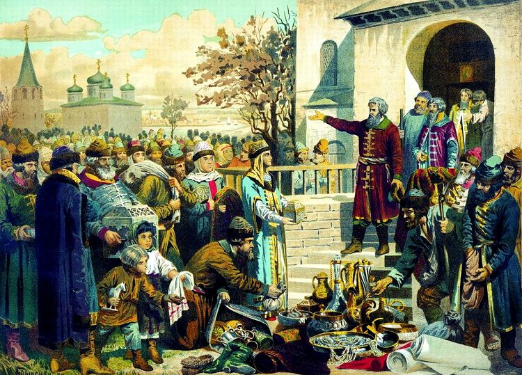 Обращения Минина к народу изображено на многих картинах. "Воззвание Минина" худ. А.Кившенко 