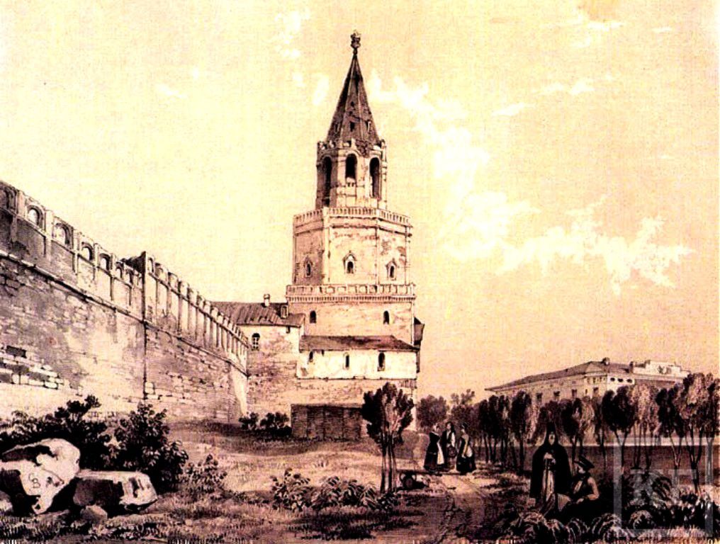 Так выглядела Спасская башня на рисунке Турнерелли. Сер 19 века