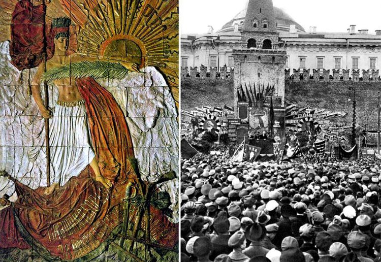 Около братских могил на кремлевской стене в 1918 году появилось изображение Крылатого гения победы