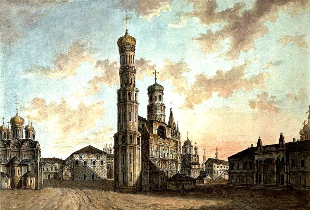 На картине Ф.Алексеева изображен ансамбль Колокольни на рубеже 18-19 веков