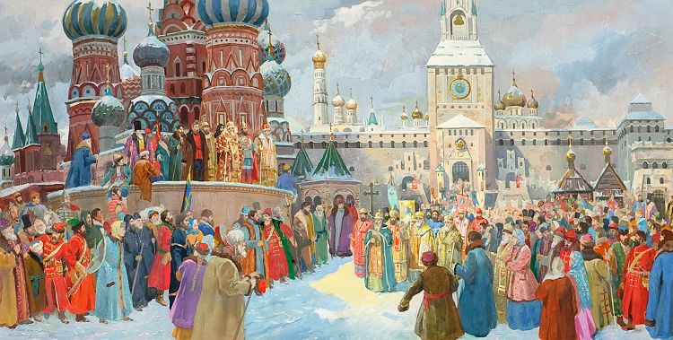 На картине И.Коваленко Крестный ход 1612 изображен как очень радостное событие